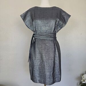 Veronica Beard Metallic Blue Silver Dress Structured Cap Sleeve Belted Mini